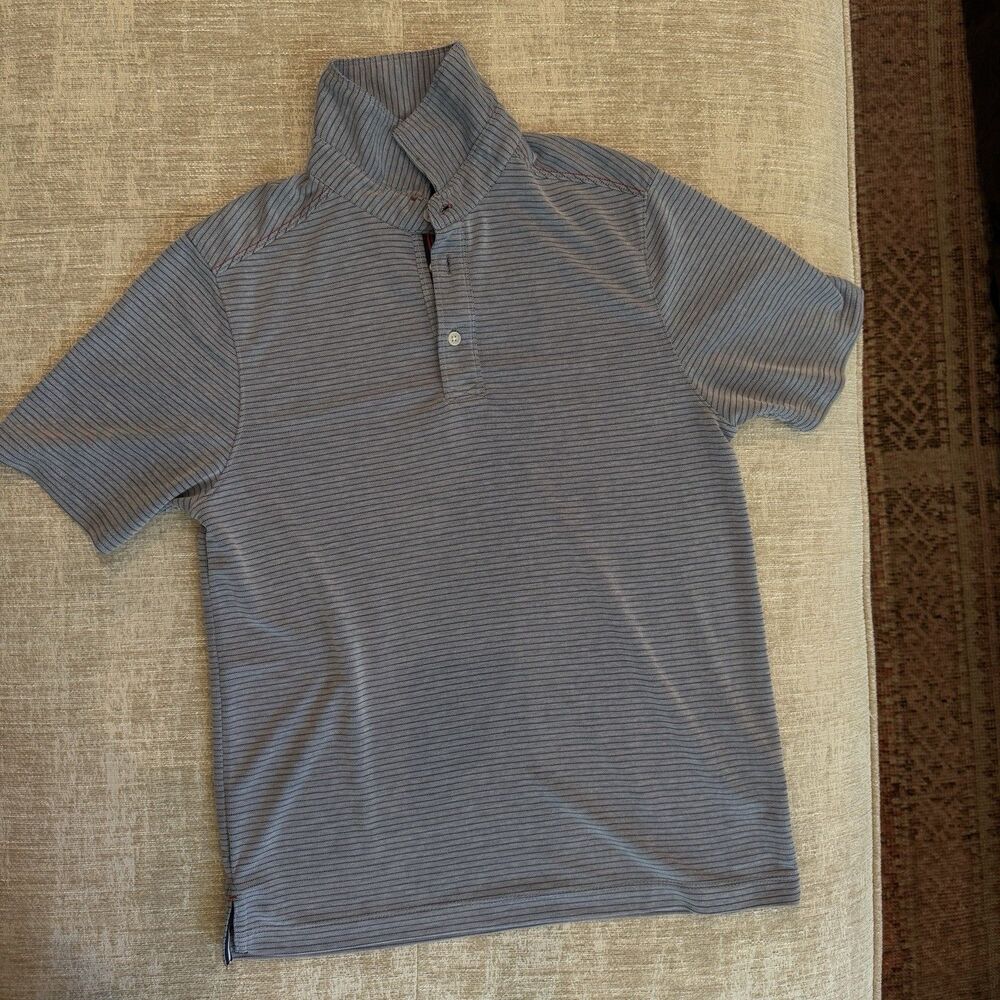 Rainforest Men’s Short Sleeve Navy & Gray Striped Polo With Red Stitching Sz Sm